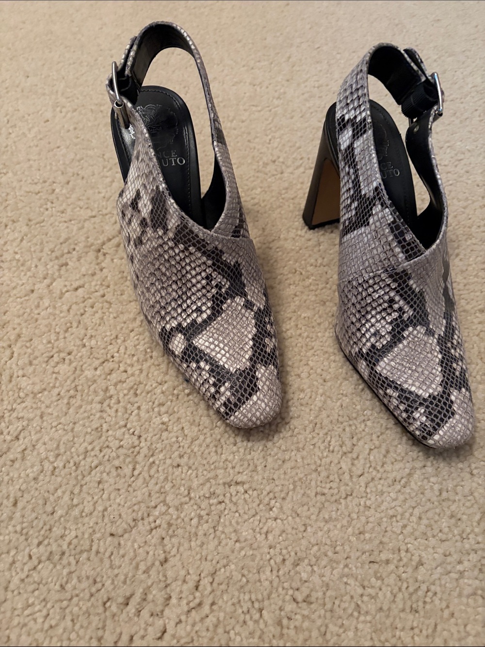 Vince Camuto Gray Snake-Print Slingback Block Heels
